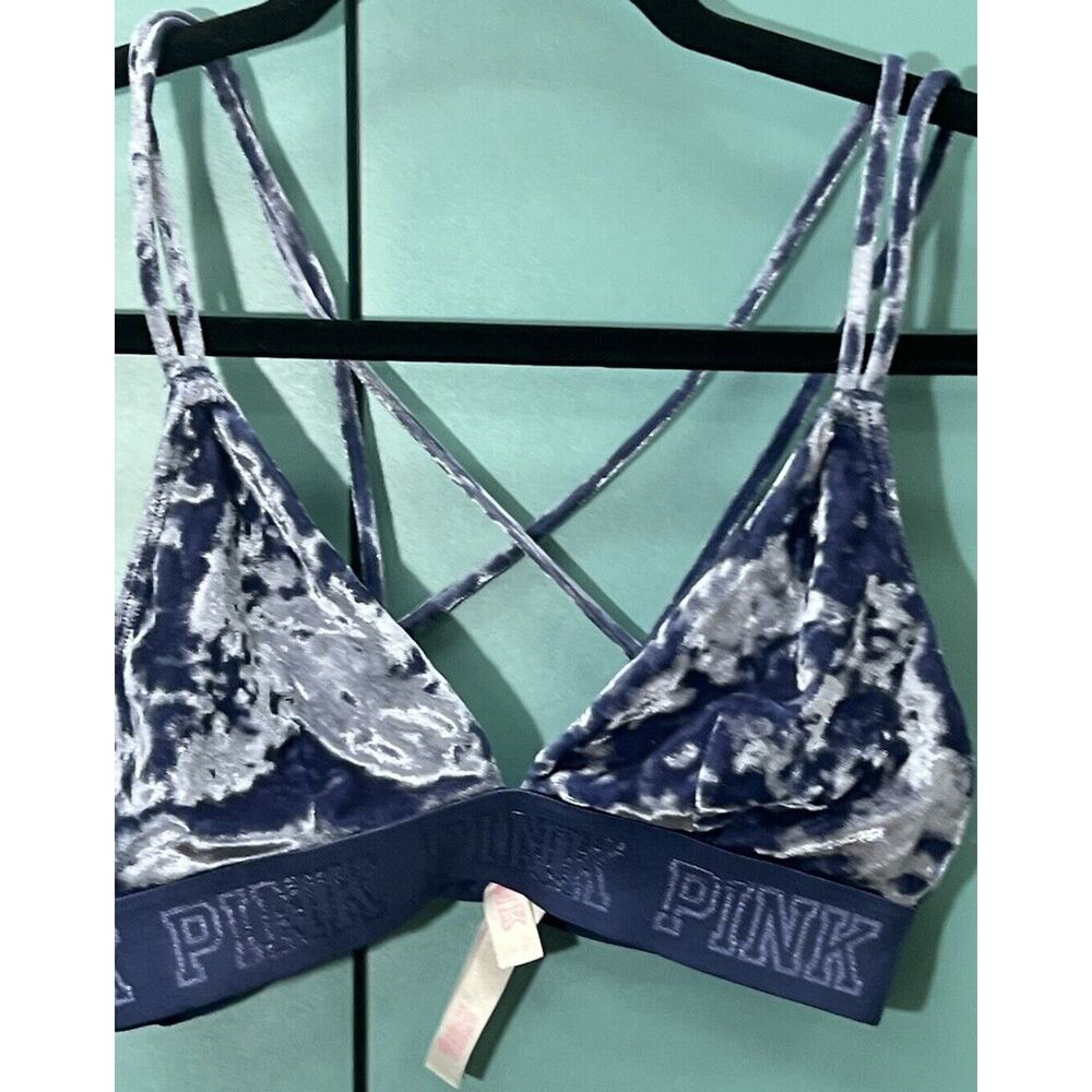 Victoria's Secret PINK Sz Small Blue CRUSHED VELVET Strappy Bra Bralette Unlined